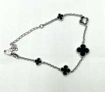 Sterling Silver Natural Onyx Clover Cut Adjustable Bracelet