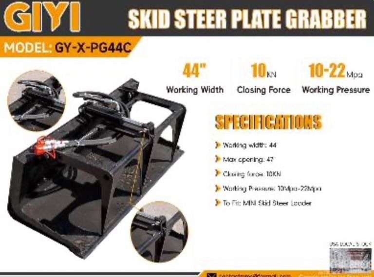 2025 GIYI PG44C 44 Inch Hydraulic Plate Grabber Mini Skid Steer Attachment (Unused)