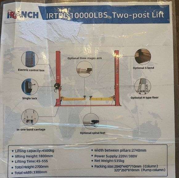 2025 UNUSED 10000LBS TWO POST LIFT IRTPL