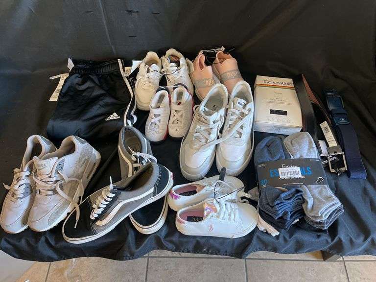 Assorted Sneakers (Women’s 9.5, Men’s 10, Youth 4, 11, 7, 12, 10) (1 Qty) Pack of Socks, (1 Qty) Adi