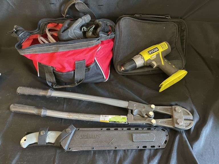 (1 Qty) Bolt Cutter (1 Qty) Camillus Knife (1 Qty) Bag of Tools (1 Qty) Ryobi Drill