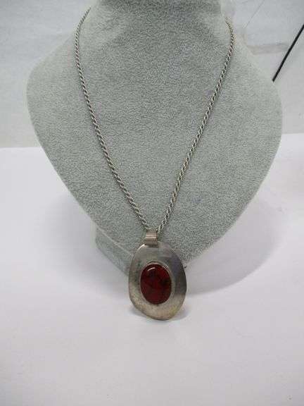 Sterling Necklace and Pendant w/Red Stone 32 Grams 20"