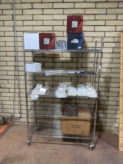 5-Tier Metal Metro Style Rack On Wheels With Contents Product Boxes, & Plastic Vacuum Seal Bags 48”x