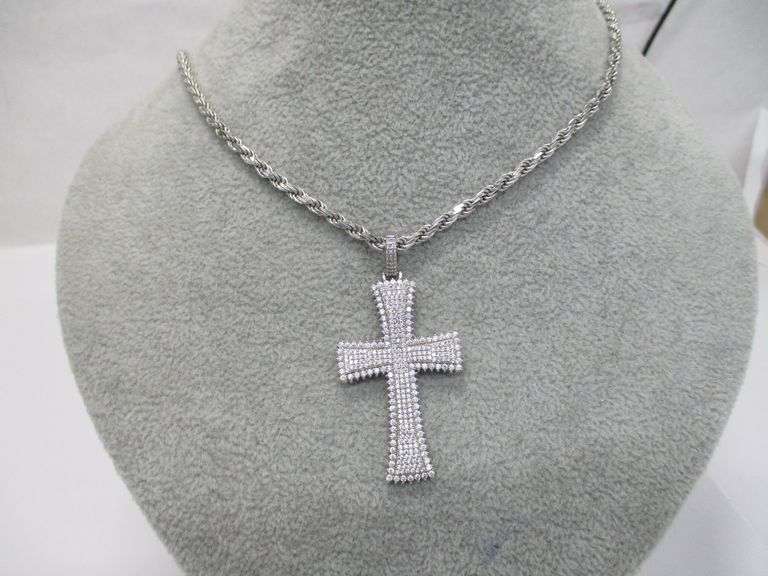 Sterling Cross Necklace with Clear Stones 20"  26 Grams