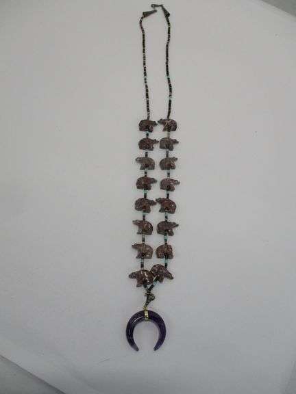 Native American Heishi and Carved Fetish Necklace with Amethyst Naja 28"
