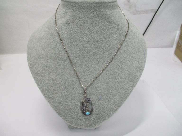 Native American Sterling Kokopelli Turquoise Pendant on 18" Box Chain