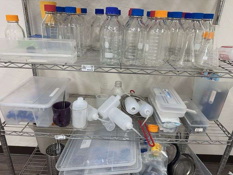 Contents Of Shelf Glass Jar, Plastic Gallon Pitcher, Coffee Cup, Plastic Tubs, & Metal Strainers ￼