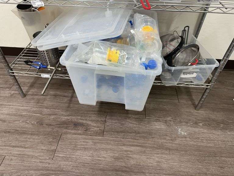 Contents Of Shelf Plastic Tubs, Sample Vails, Metal Strainers ￼