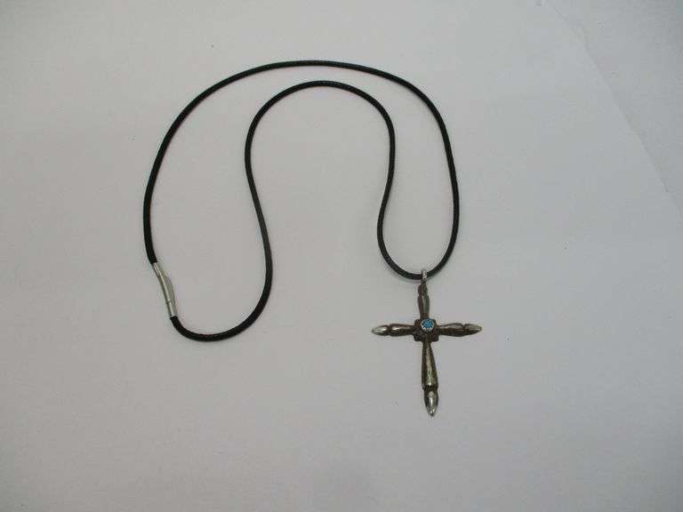 Vintage Sterling Turquoise Cross on Fine Leather Necklace 24"