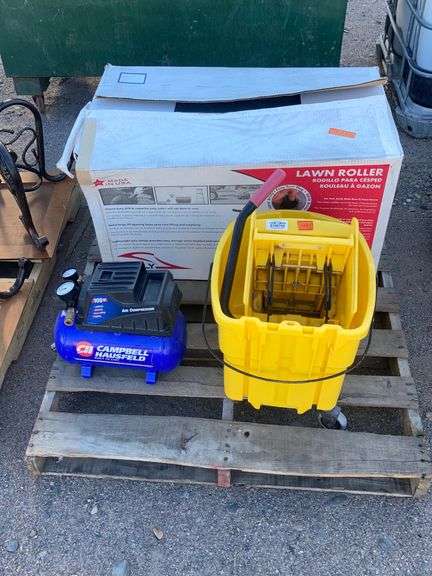 Mop bucket and ringer, air compressor and lawn roller. - Sierra Auction ...