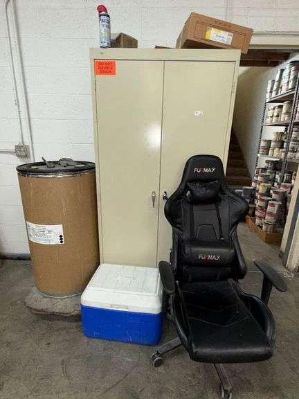 Lot With Metal Storage Cabinet, FURMAX Gaming Chair, Coleman Cooler and Sunchemical 8412224B Valloco