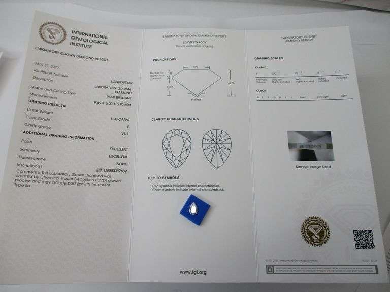 1.20 carat Pear Brilliant Lab Diamond with IGI Report