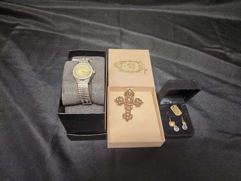 1 (Qty) Gruen GR8778 Analog Watch With Clear Stones,  1 (Qty) Kirks Folly Cross Brooch/Pendants With
