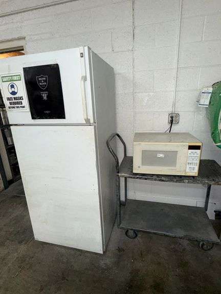 (3) GE 2-Door Refrigerader, GE Turntable Microwave and Grey Metal Cart