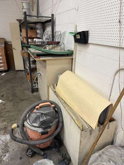 Group of Misc Storage Cabinets, Metal Rack, RIDGID Vacuum Cleaner and Misc Contents