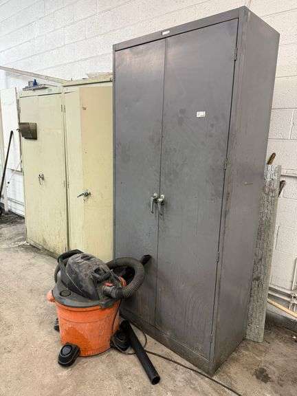 (3) Metal Storage Cabinet and RIDGID Wet/Dry 12G Vacuum Cleaner