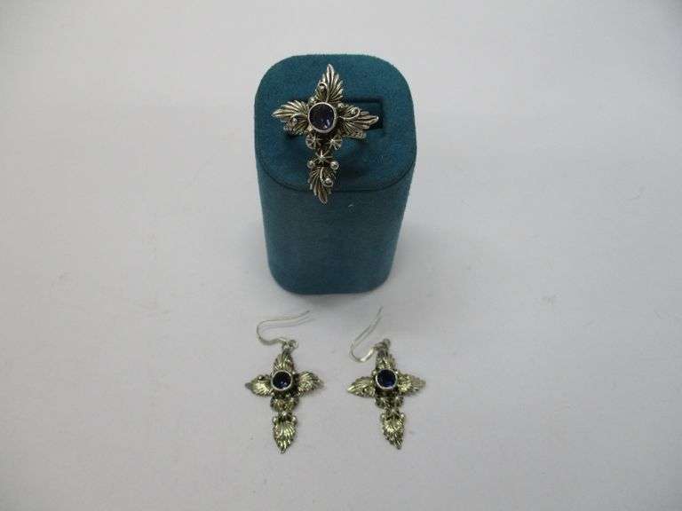 (3pc)  925 Silver Ring and Earring Set w/Purple Stones