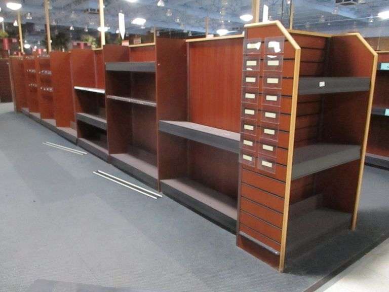 Approx. 28FT Wooden Display Rack With Metal 10" Shelves (CUSTOMERS ARE RESPONSIBLE FOR REMOVING)