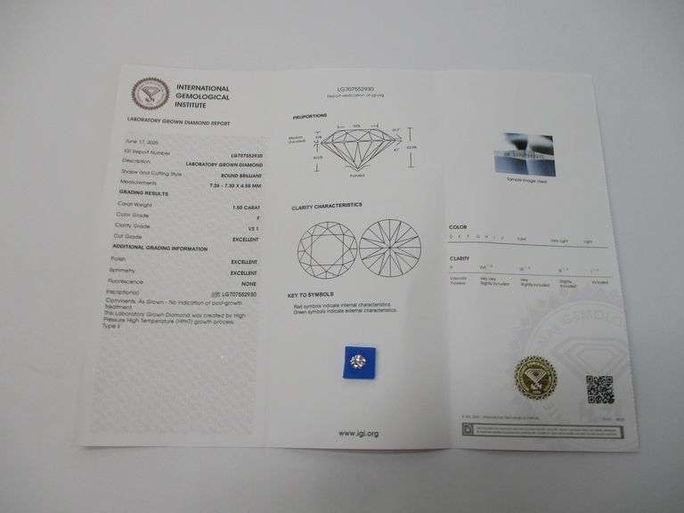 1.50 Carat Round  Brilliant Lab Grown Diamond w/ IGI Report