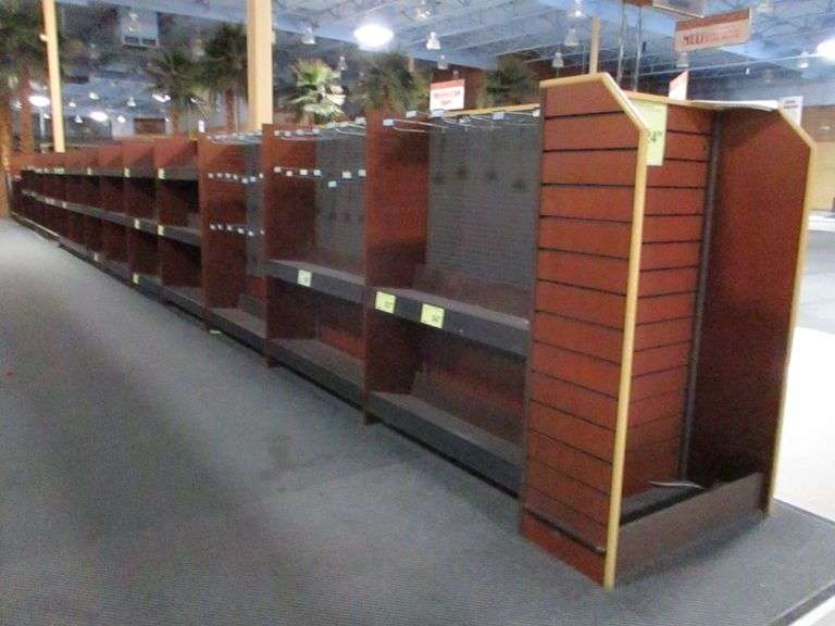 Approx. 64FT Wooden Display Rack With Metal 10" Shelves (CUSTOMERS ARE RESPONSIBLE FOR REMOVING)