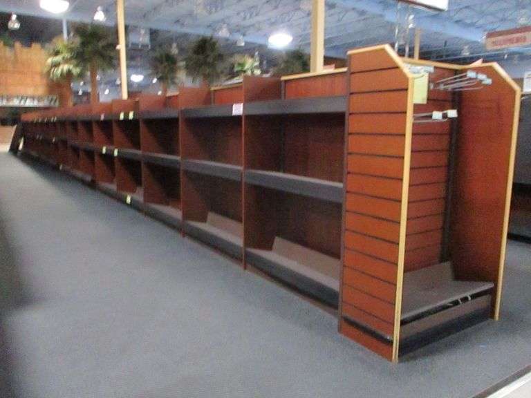 Approx. 64FT Wooden Display Rack With Metal 10" Shelves (CUSTOMERS ARE RESPONSIBLE FOR REMOVING)