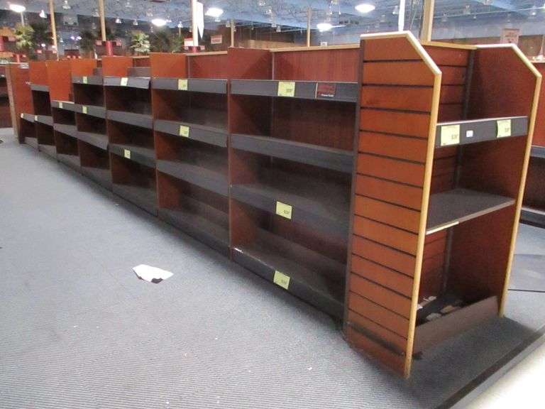 Approx. 28FT Wooden Display Rack With Metal 10" Shelves (CUSTOMERS ARE RESPONSIBLE FOR REMOVING)