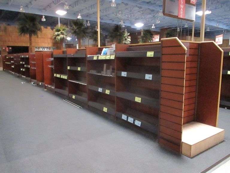 Approx. 64FT Wooden Display Rack With Metal 10" Shelves (CUSTOMERS ARE RESPONSIBLE FOR REMOVING)