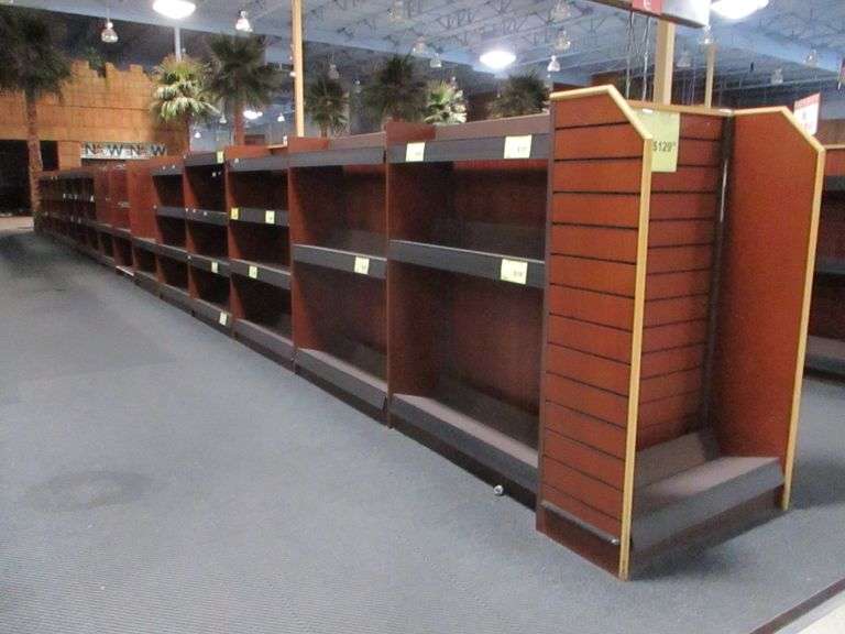 Approx. 64FT Wooden Display Rack With Metal 10" Shelves (CUSTOMERS ARE RESPONSIBLE FOR REMOVING)