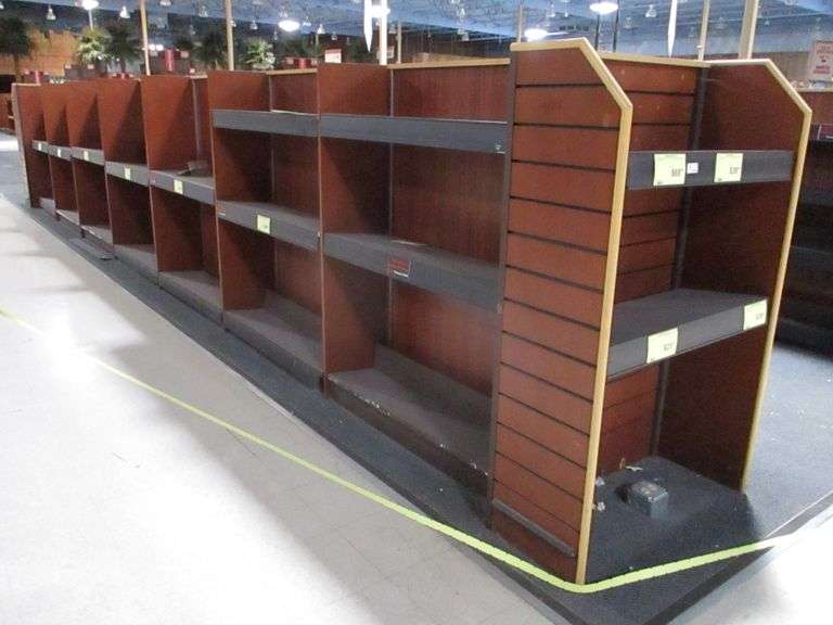 Approx. 28FT Wooden Display Rack With Metal 10" Shelves (CUSTOMERS ARE RESPONSIBLE FOR REMOVING)
