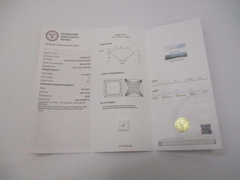 1.26 Carat Princess Cut  Brilliant Lab Grown Diamond w/ IGI Report
