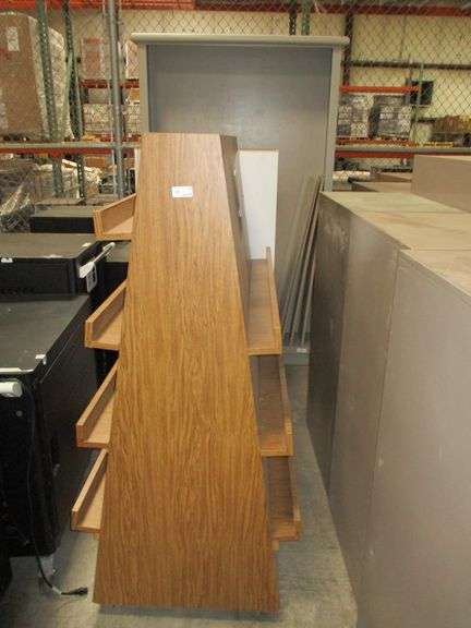 (3) Misc School Furniture Including- Rolling Brown Book Cart, Grey Wooden Bookcase and Wooden Storag