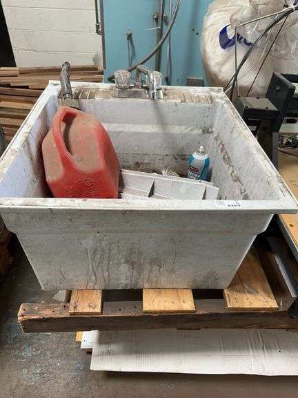 Utility Sink/Laundry Sink With Faucet 25x24x32 With Contents Red Gas Can, Plastic Hose, & Can Starti