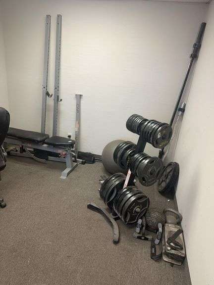 CAP Workout Bench With Weights & Weight Stand, (3) Barbells, (1 ...