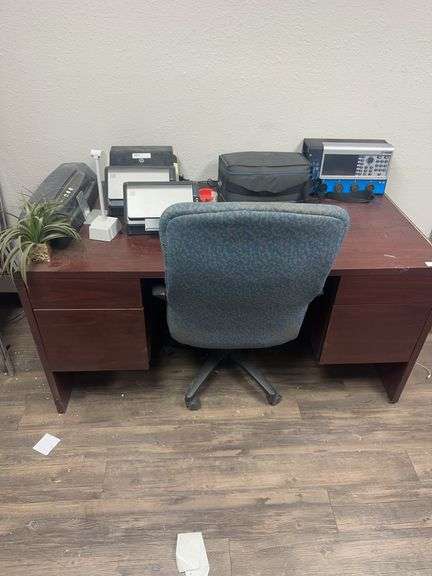 Wooden Desk With All Contents Inside & On Top With Office Chair Printers, & Other Electronics 60x 30
