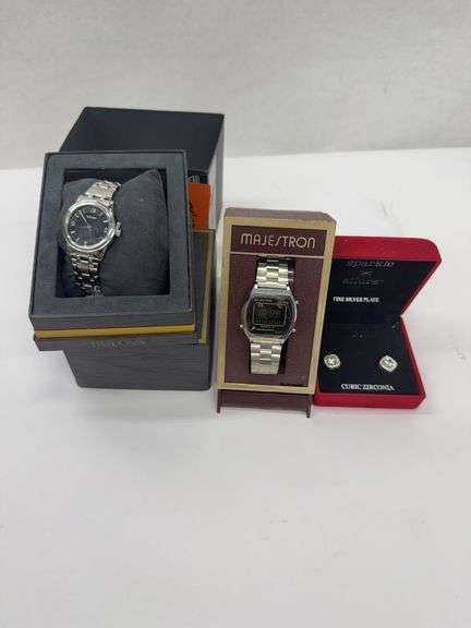(3 pc) Two watches (1-brand new Bulova) and one pair of silver plate, stud earrings
