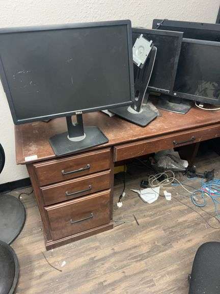 Wooden L-Shaped Desk with Office Chair & Contents inside & On Top Monitors, Shoe Rack 71" x 35 x 30