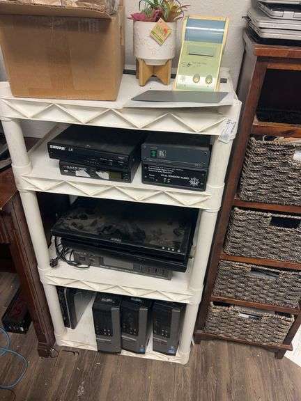 (2) (1) Plastic 4-Tier Shelf 22"x 15x 40 With Assorted Electronics & (1) Wooden Stand with Wicker Dr