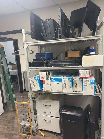 Cambro 3-Tier Rack on Wheels With Contents All-InOne Computers, Printer Cartridges, Wooden 3 Drawer 