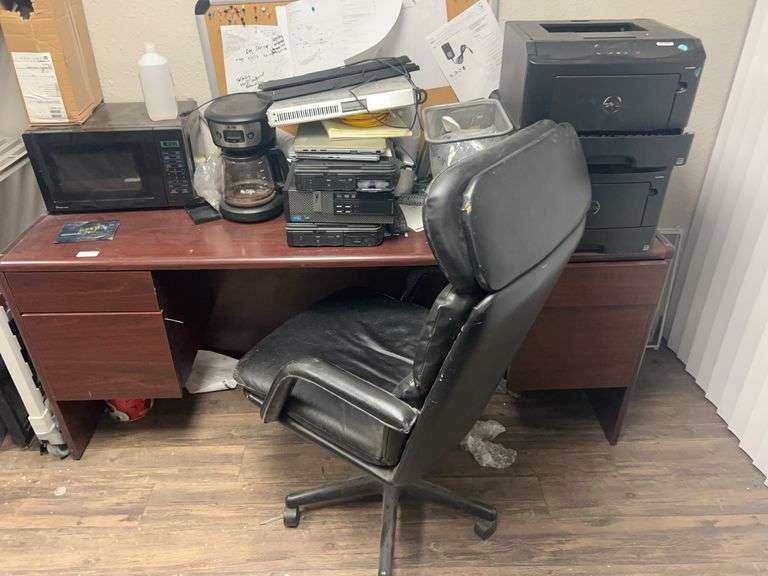4-Drawer Wooden Desk Ith Office Chair With All Contents Inside And On Top Magic Chef Mircowave, MrCo