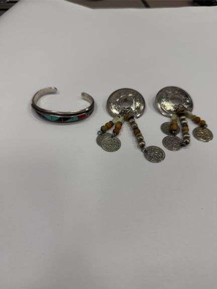 (2pc) Native American Cuff Bracelet Turquoise, Coral and Onyx Hallmarked " HL Zunie" + Earrings