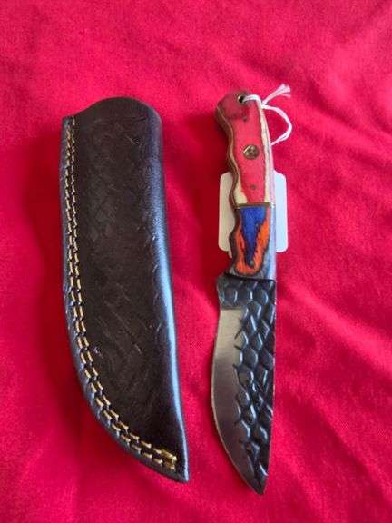 4" Hand Made Forged Damascus Steel Fixed Blade Cleaver-Style Knife with Leather Sheath