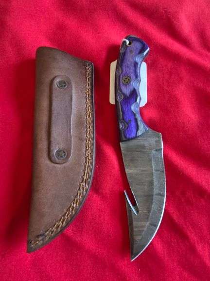 4" Hand Made Forged Damascus Steel Fixed Blade Gut Hook Knife with Leather Sheath
