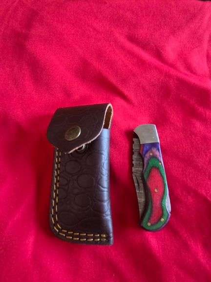 3" Hand Made Forged Damascus Steel Pocket Knife with Blade Lock and Leather Belt Pocket Sheath