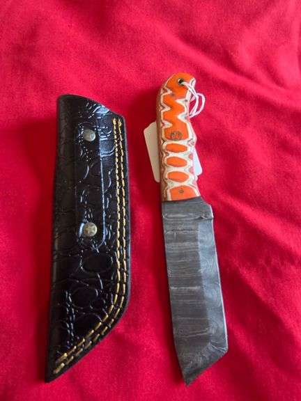 4" Hand Made Forged Damascus Steel Fixed Blade Cleaver-Style Knife with Leather Sheath