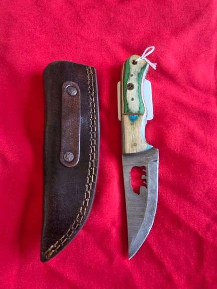 4" Hand Made Forged Damascus Steel Fixed Blade Knife with Bear and Leather Sheath