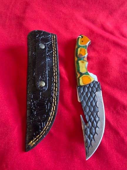 4" Hand Made Forged Steel Fixed Blade Gut Hook Knife with Leather Sheath