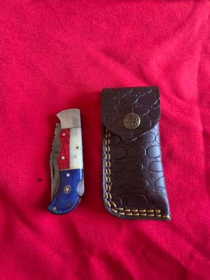 3" Hand Made Forged Damascus Steel Pocket Knife with Blade Lock and Leather Belt Pocket Sheath