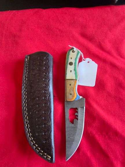 4" Hand Made Forged Damascus Steel Fixed Blade Knife with Bear and Leather Sheath