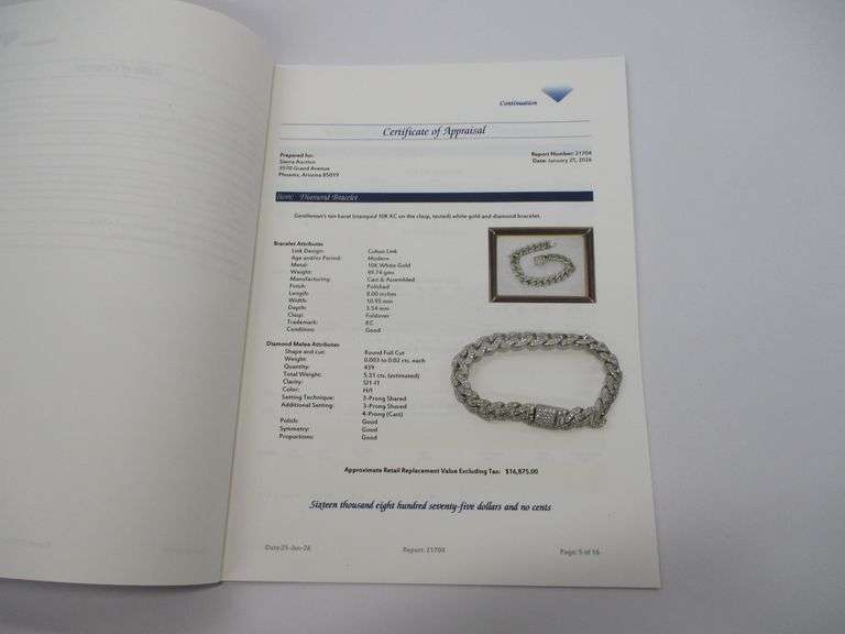 10k WG Mens Diamond Encrusted Cuban Link Bracelet w/Appraisal