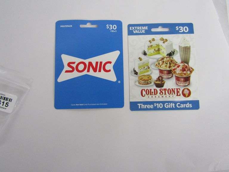 (2pc) (1) $30 Sonic Gift Card and (1) $30 Coldstone Creamery Gift Card